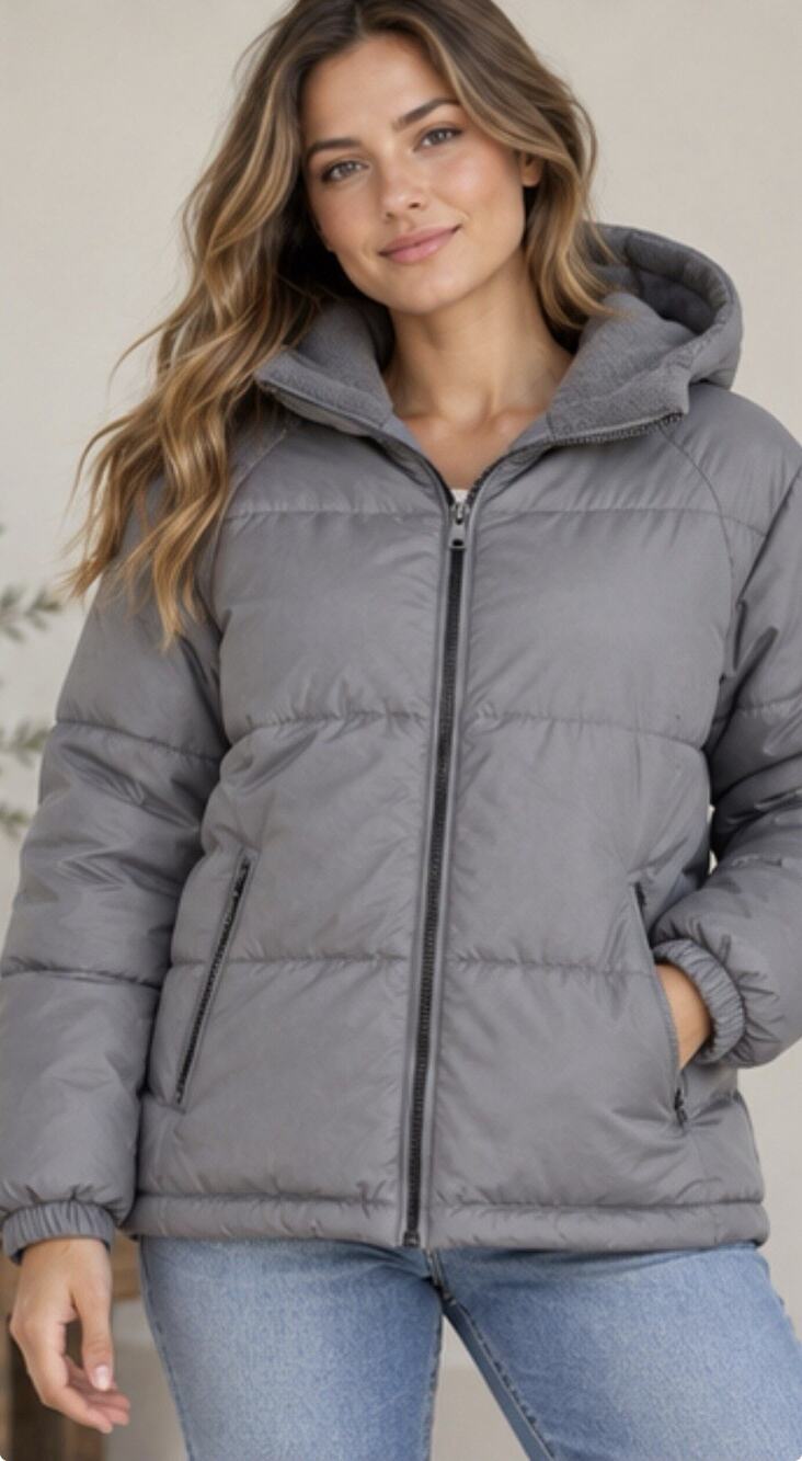Whales Tail Hooded Puffer Jacket Large Gray Fleece Lined Full Zip Winter